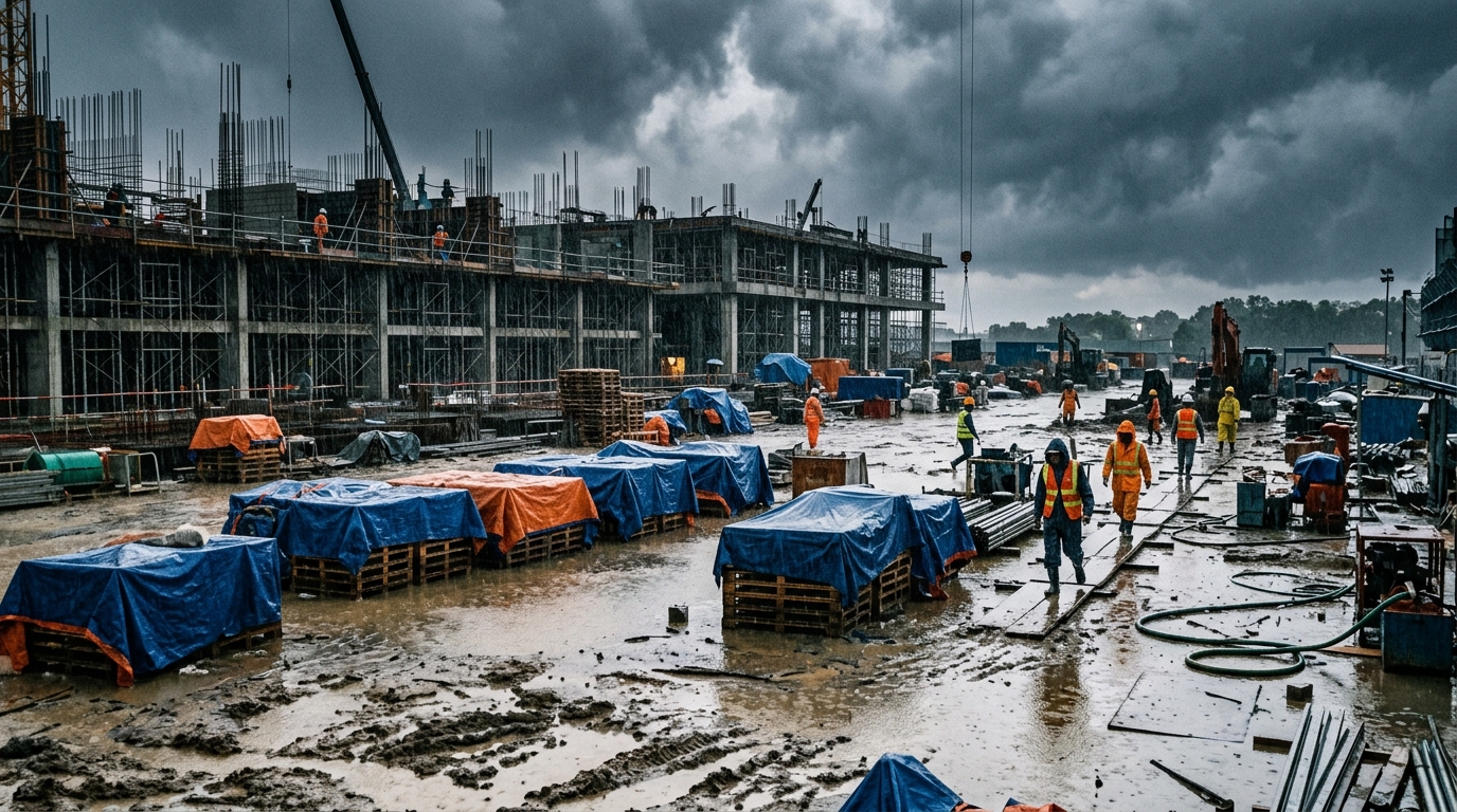 Construction site during heavy tropical monsoon rain