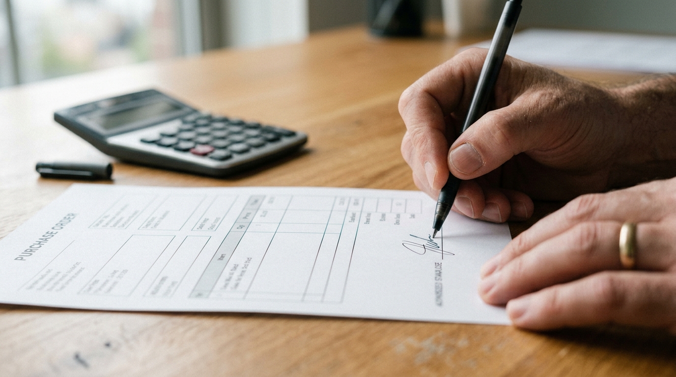 Hand signing a purchase order document on an office desk