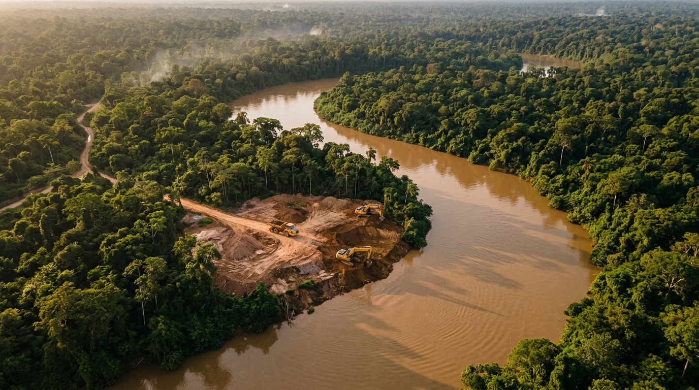 Excavators working a riverside clearing surrounded by tropical rainforest